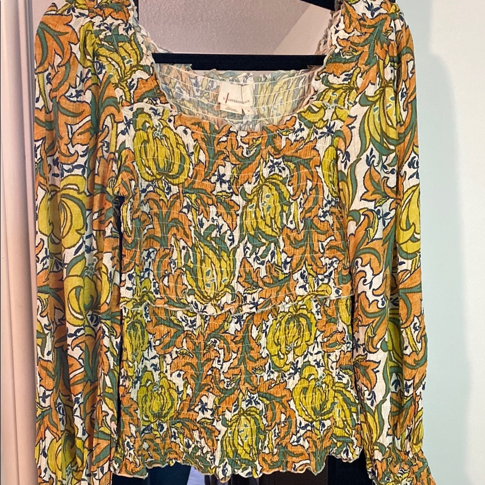 Anthropologie Gold Smocked Ruffled Blouse